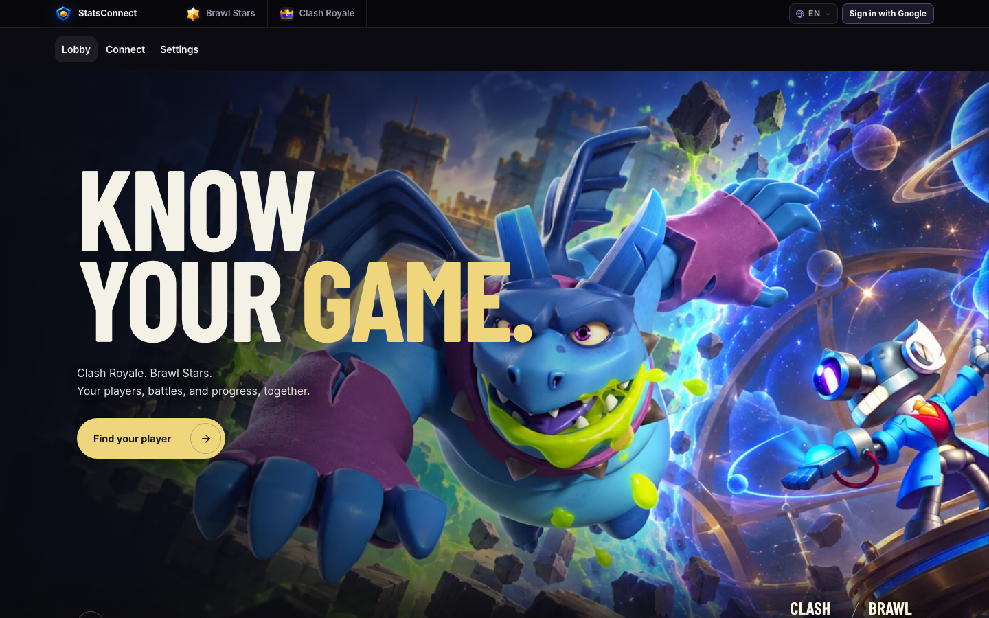 StatsConnect home page for Clash Royale and Brawl Stars player statistics